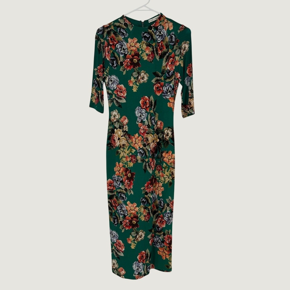 Alice + Olivia Delora Green Floral Midi Dress Size 4 3/4 Sleeve Bodycon